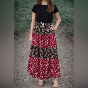 Black and Red Tiered Maxi Skirt with Tie Front girls XL 14/16